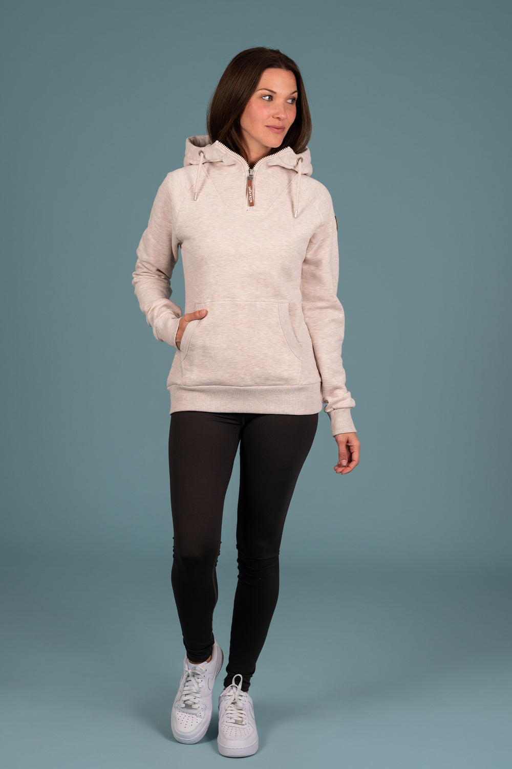 Wanakome Women's Half Zip PullOver Hoodie in Heather Oatmeal