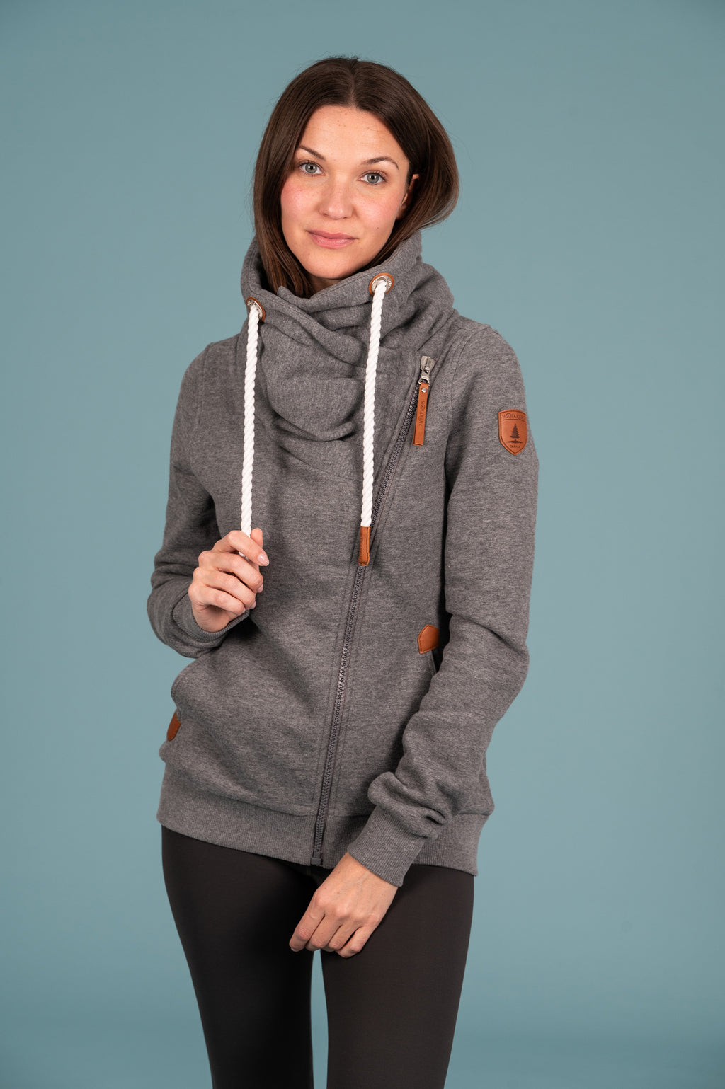 Wanakome Hestia Women's Terry Side Zip Cowl Neck in Dark Heather Grey