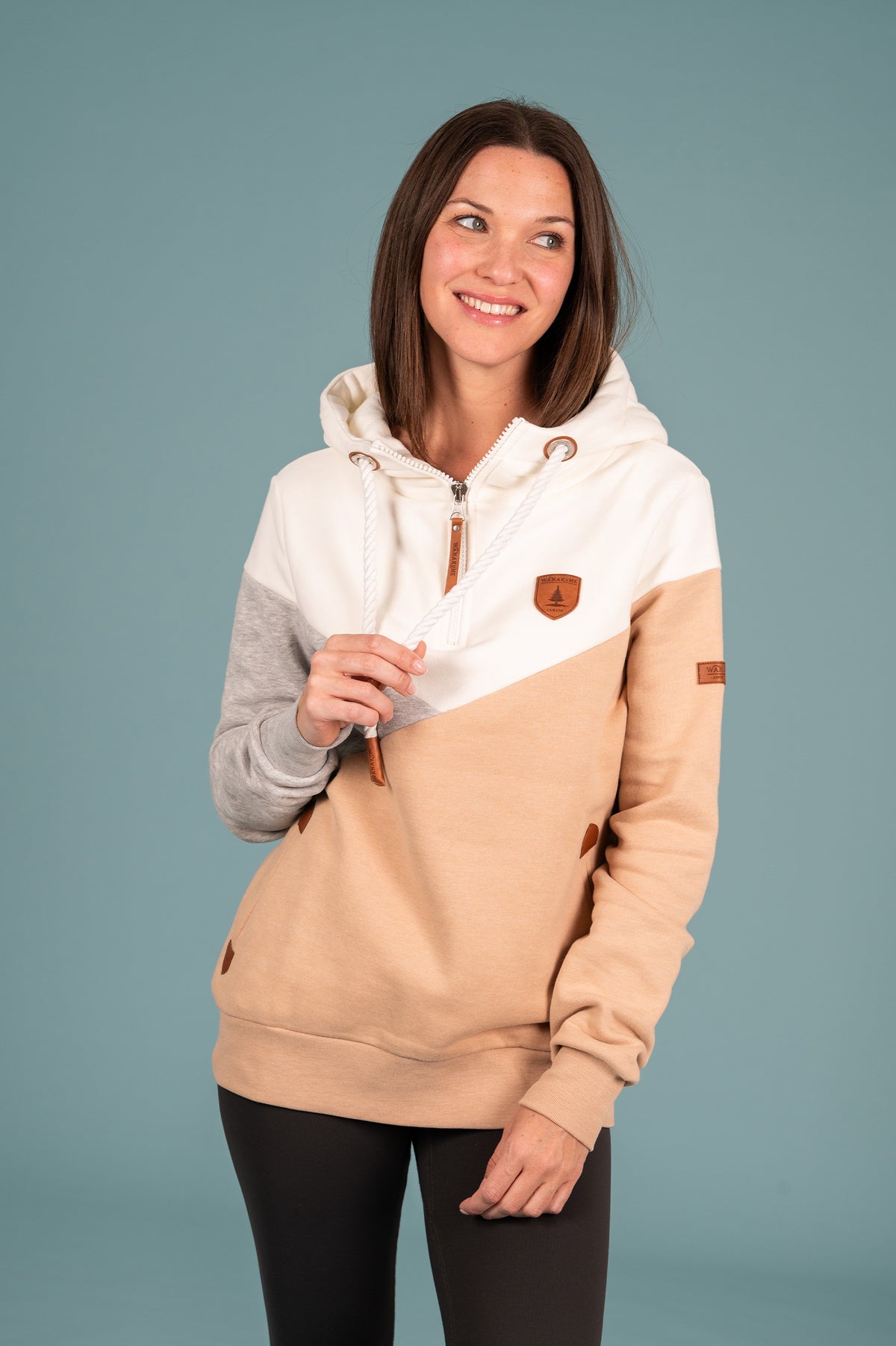 Wanakome Women's Colorblock Pullover Terry Hoodie in Sand Mix
