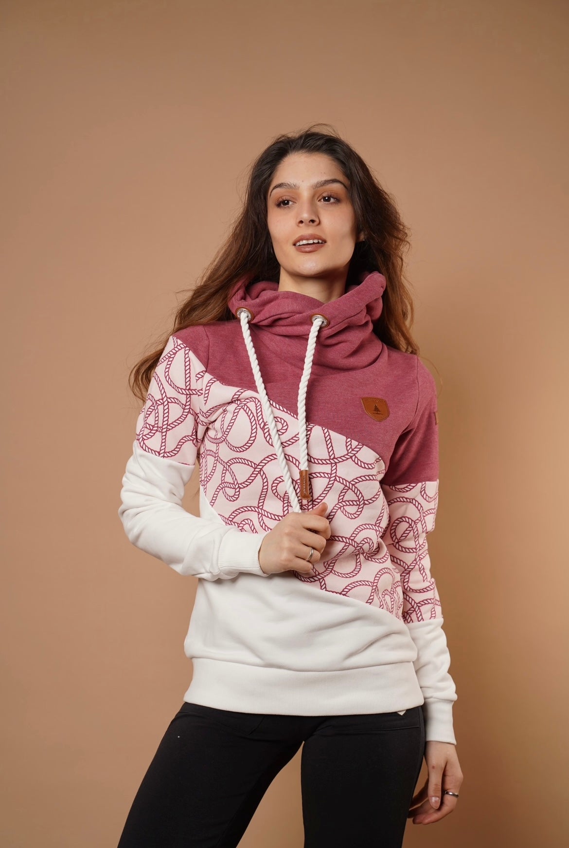 Wanakome Women's Print Colorblock Selene Pullover Hoodie in Wine Mix Main image