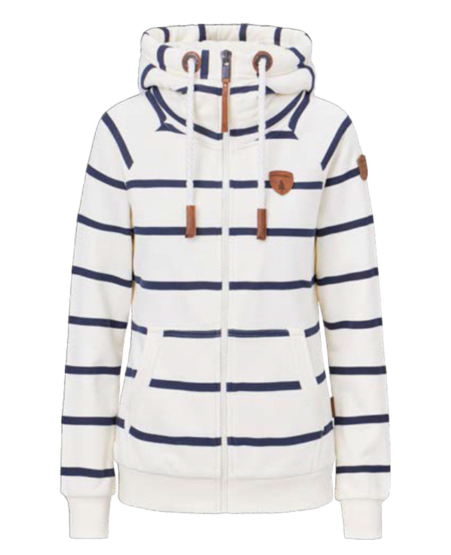 Hera Printed Wide Stripe Oatmeal Full-Zip Hoodie